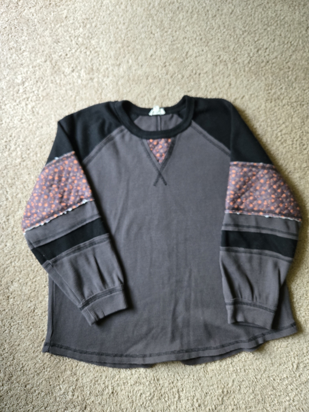 POL Colorblock Waffle Knit Patchwork Floral Top L